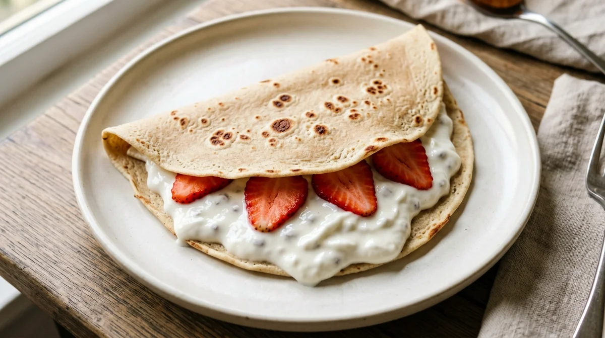 Whole wheat protein crêpes with strawberries and cannellini cream