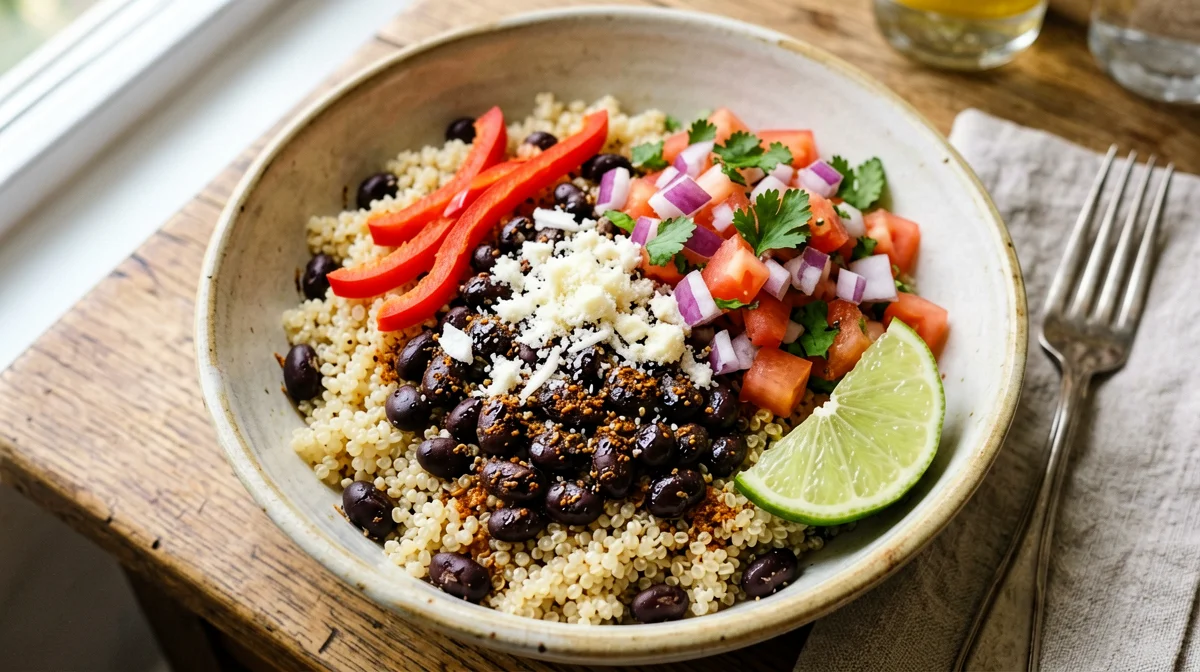 Fagioli neri e quinoa alla messicana con salsa al lime