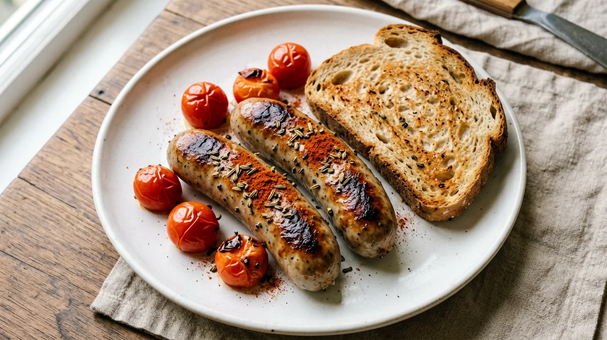 Homemade fennel wheat-gluten and bean sausages with tomatoes
