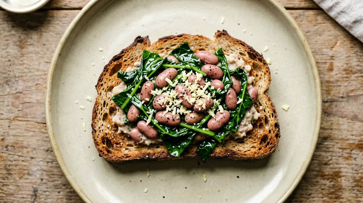 Rye toast with borlotti beans, cavolo nero and nutritional yeast