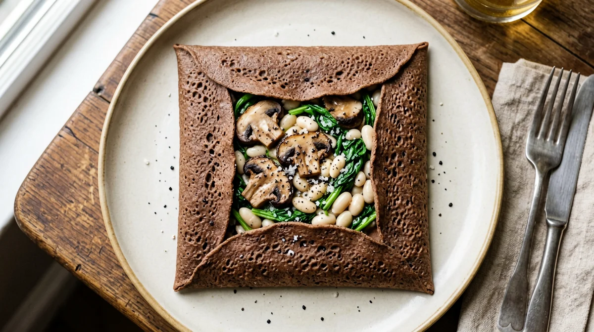 Buckwheat galette with beans, spinach and mushrooms