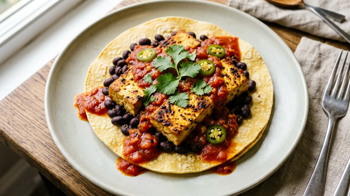 Tofu rancheros on corn tortillas with black beans