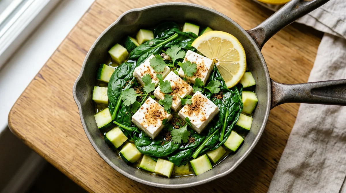 Shakshuka verde di tofu con spinaci, zucchine e cumino
