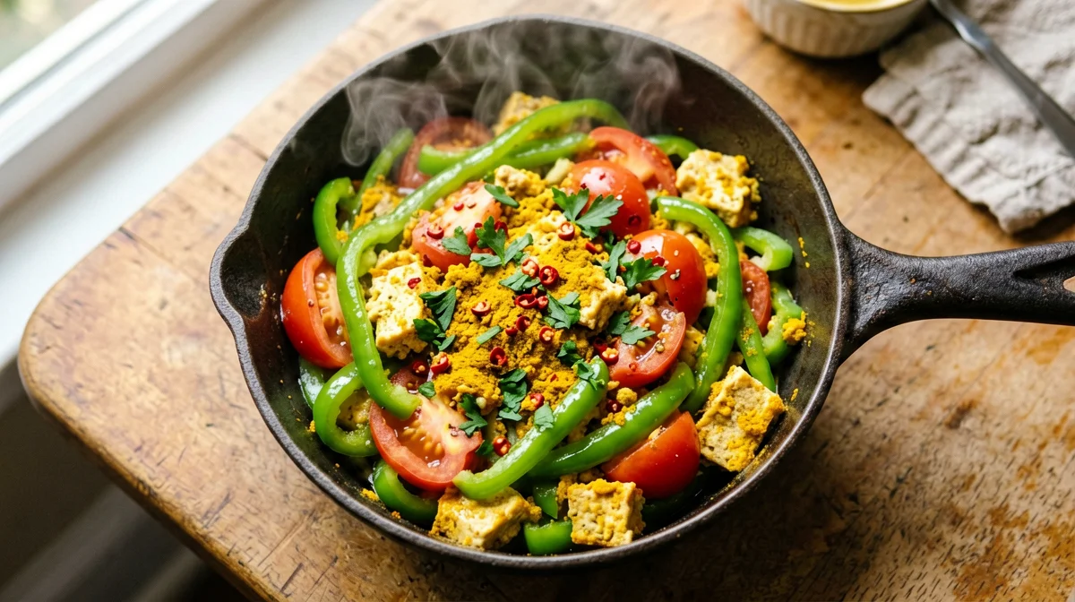Vegan tofu menemen with green peppers and tomato