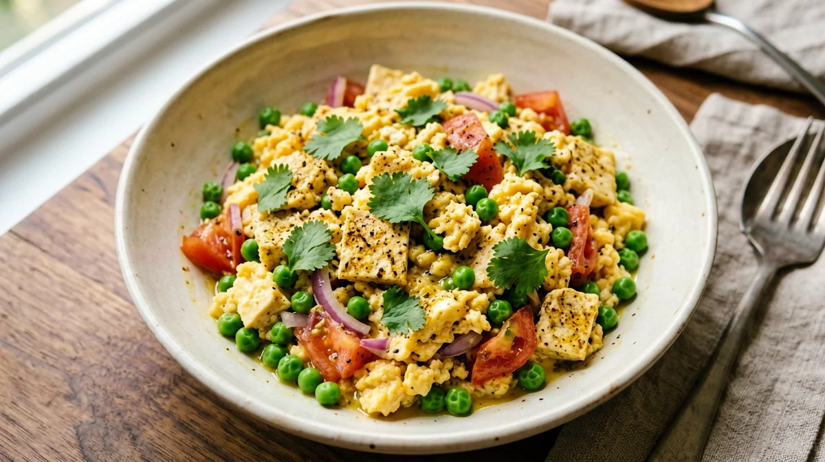 Tofu bhurji con piselli, pomodoro e garam masala