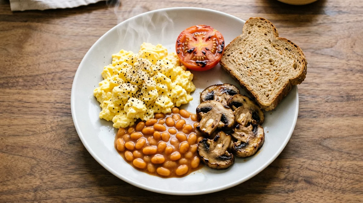 English breakfast vegano con tofu, fagioli in salsa e funghi