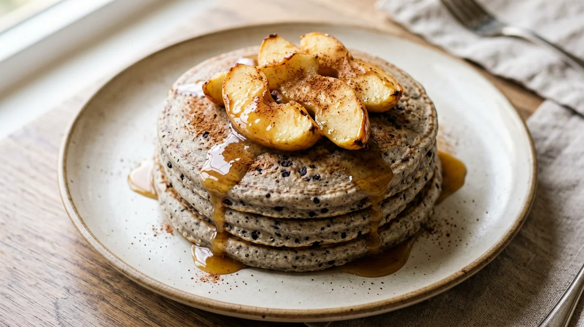 Pancake di grano saraceno e tofu setoso con mele caramellate