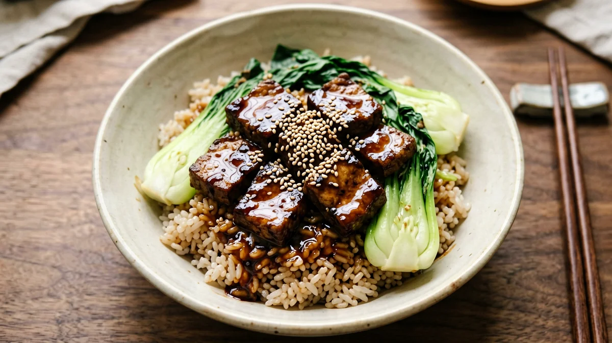 Tempeh all'acero e tamari con pak choi e riso integrale