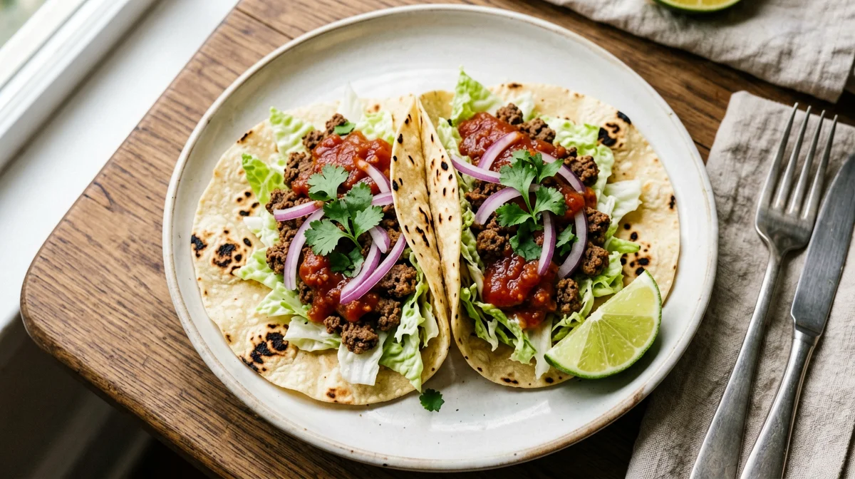 Corn tacos with Mexican crumbled tempeh and salsa