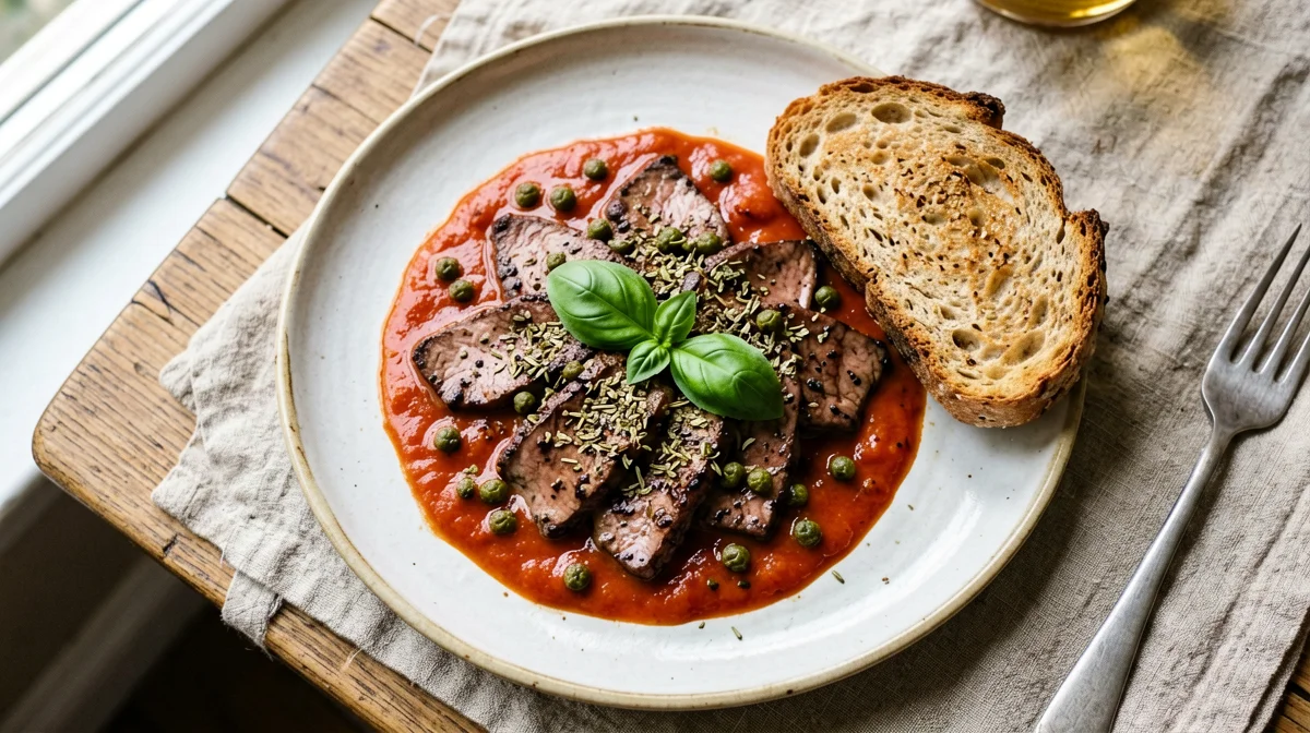 Seitan pizzaiola with toasted bread