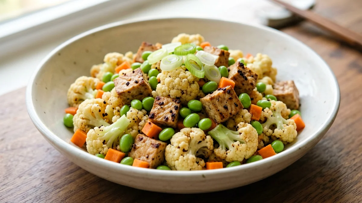 Riso di cavolfiore saltato con edamame e tofu