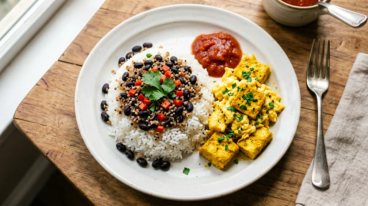 Gallo pinto con tofu strapazzato e salsa