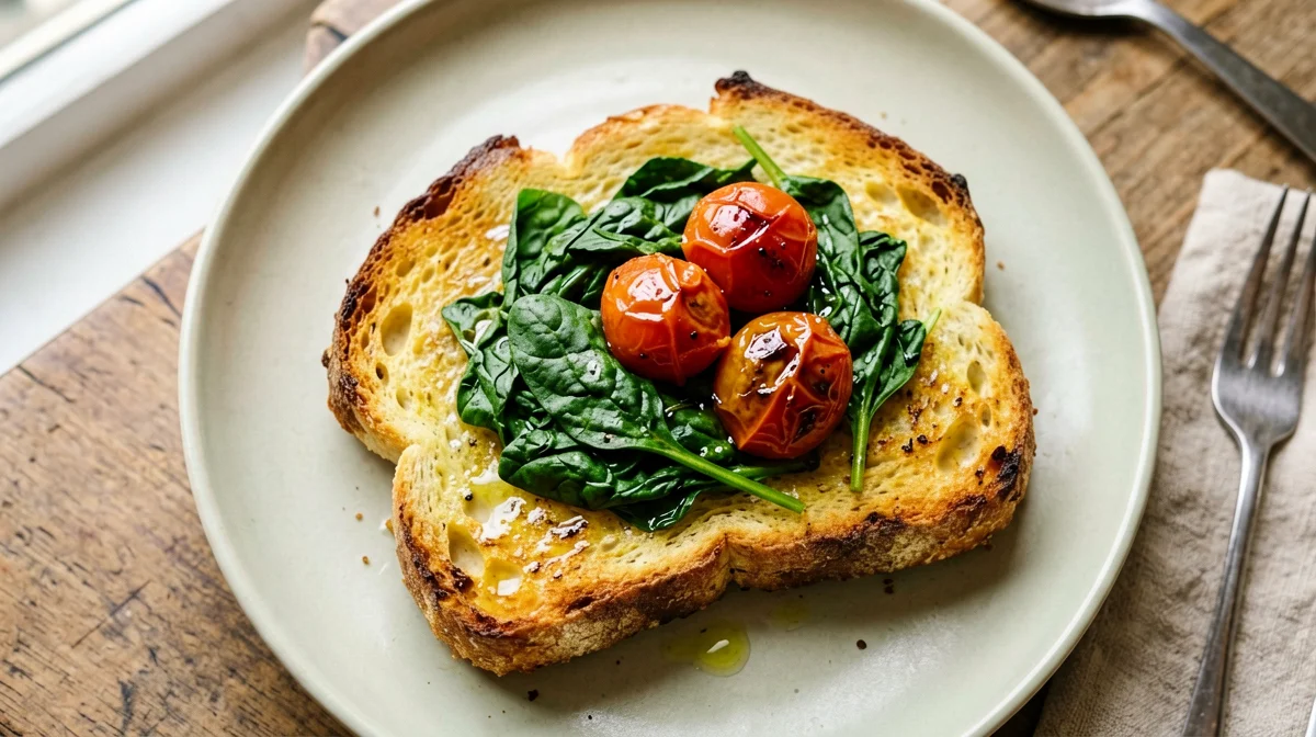 Savory French toast with tofu batter, spinach and cherry tomatoes