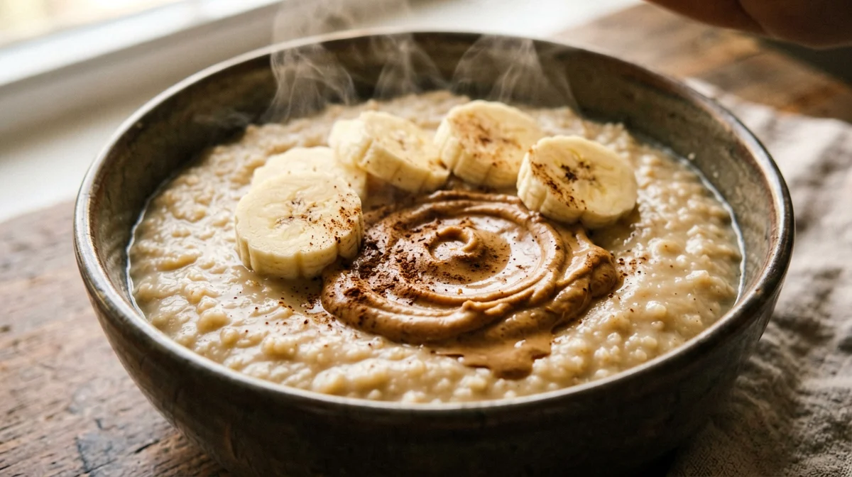 Porridge d'avena e farina di soia al burro di arachidi e banana