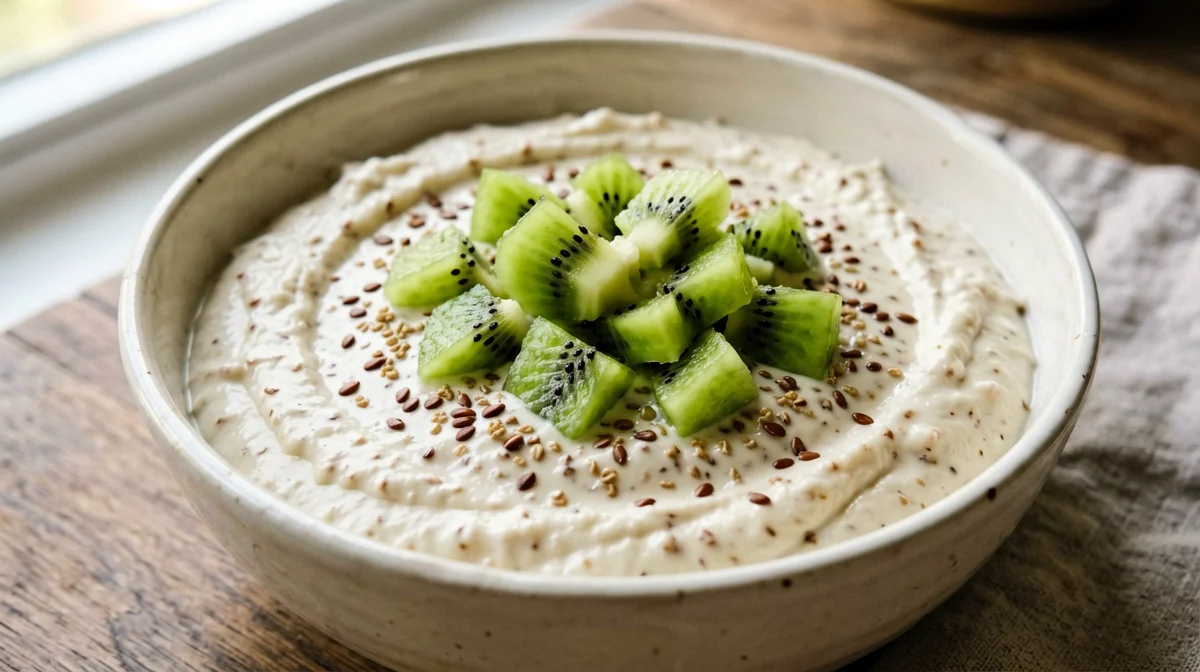 Vegan Budwig cream with soy yogurt, flaxseed and fruit