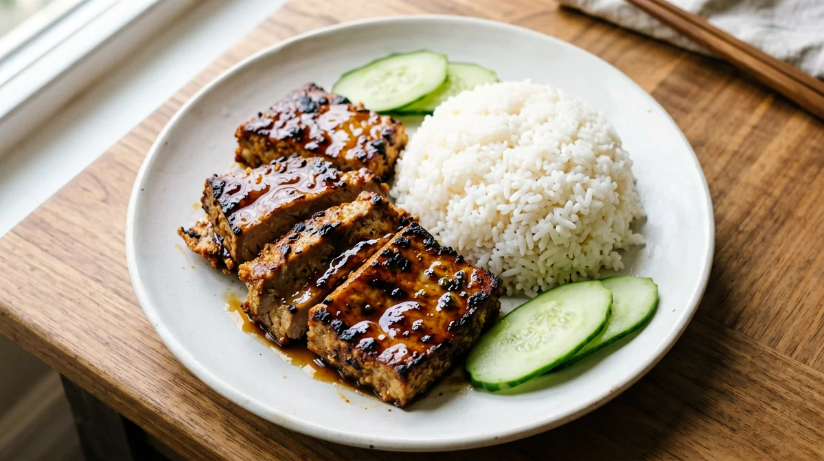 Tempeh bacem indonesiano con riso e cetriolo