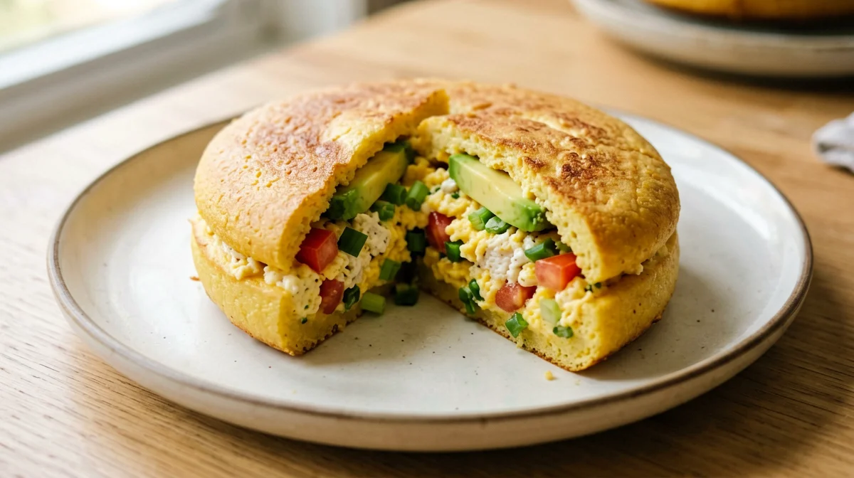 Arepa di mais con tofu strapazzato, pomodoro e cipollotto