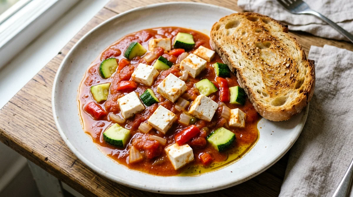 Pisto spagnolo con tofu e pane tostato