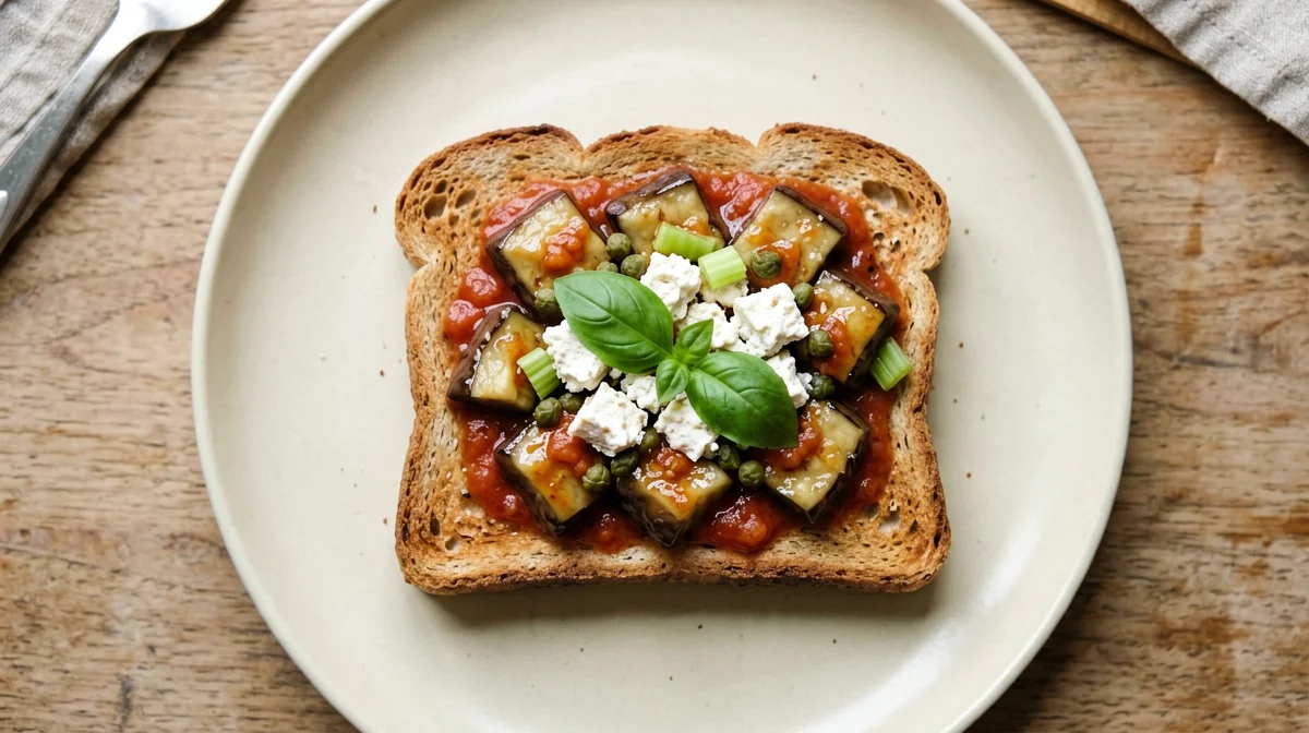 Bruschetta integrale con caponata e tofu sbriciolato