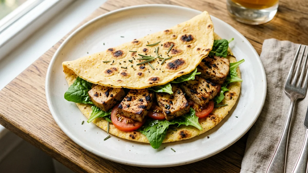 Chickpea flour piadina with smoked tofu and arugula