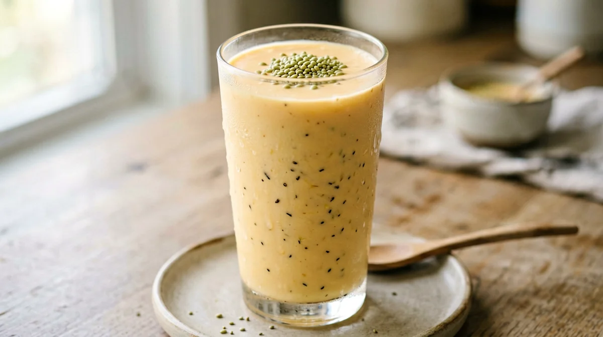 Vegan mango lassi with soy yogurt and cardamom