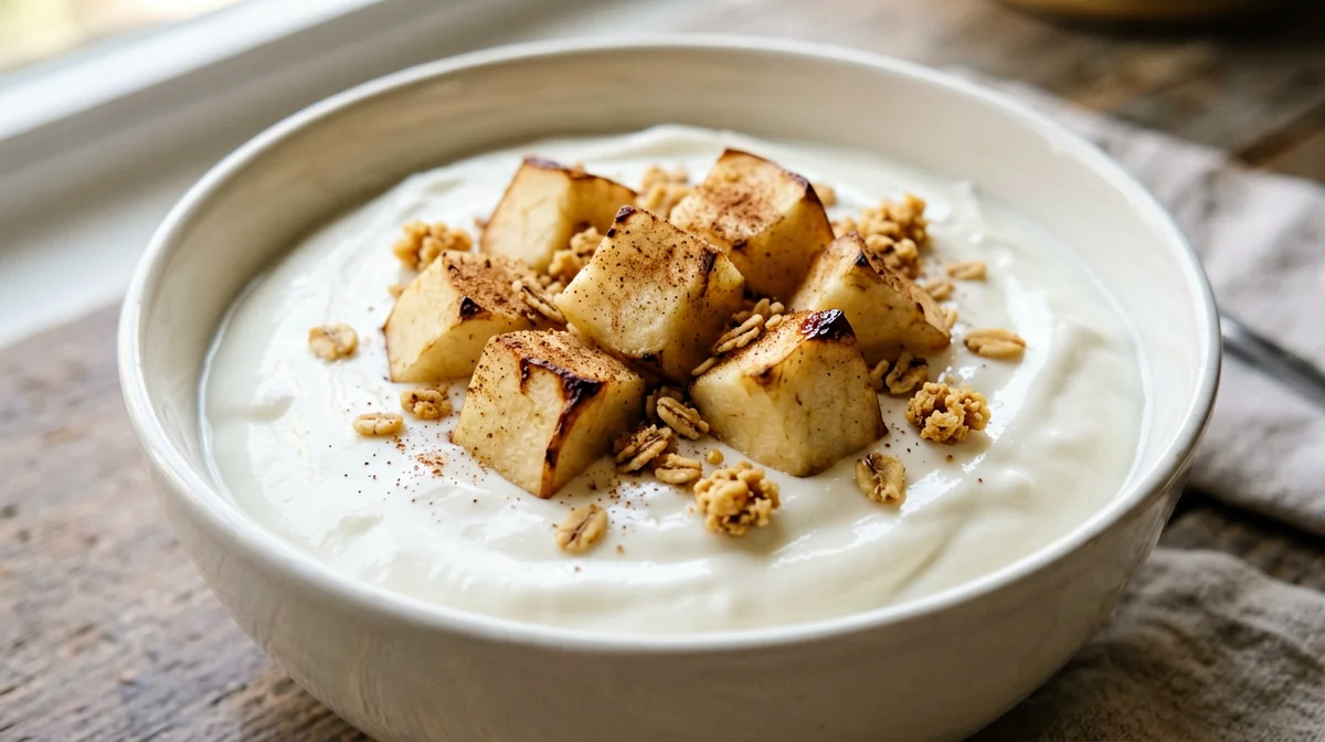 Soy yogurt and tofu cream with baked apples and oat crumble