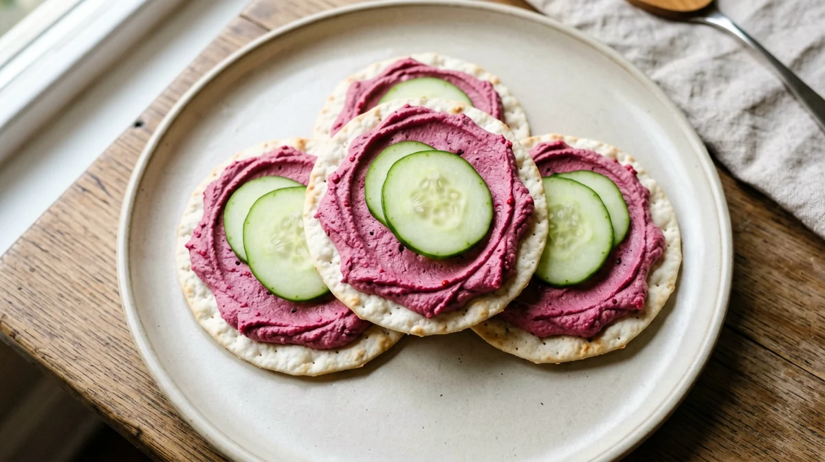 Lupini and beetroot hummus on rice cakes with cucumber