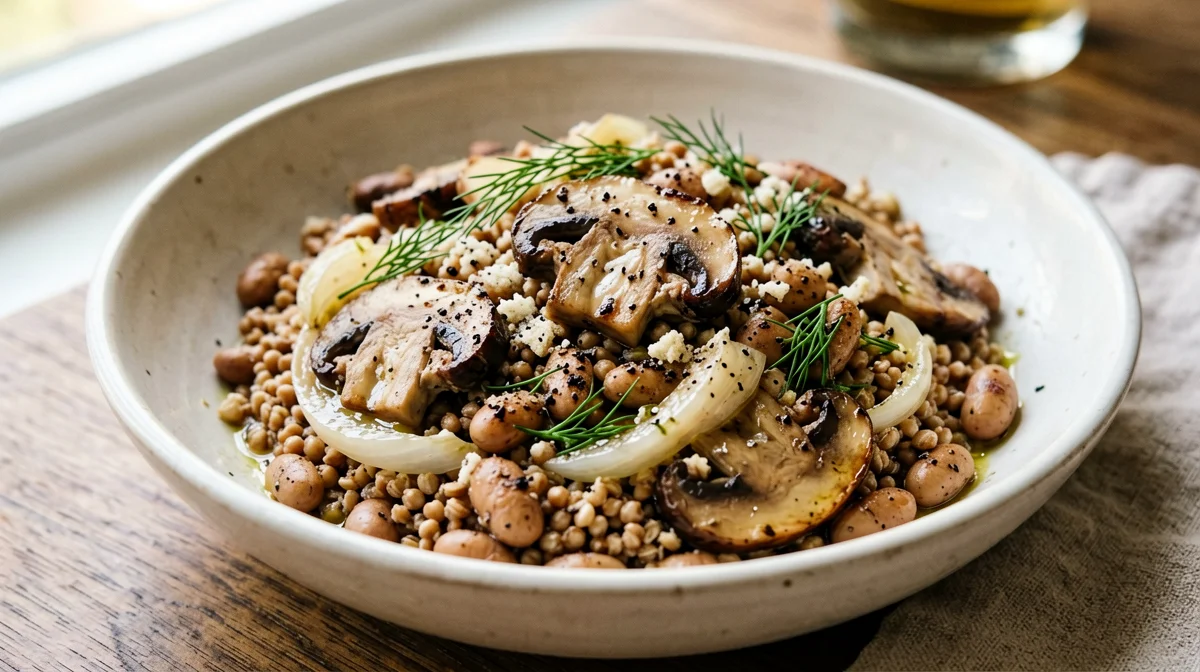 Kasha di grano saraceno con funghi, borlotti e lievito alimentare