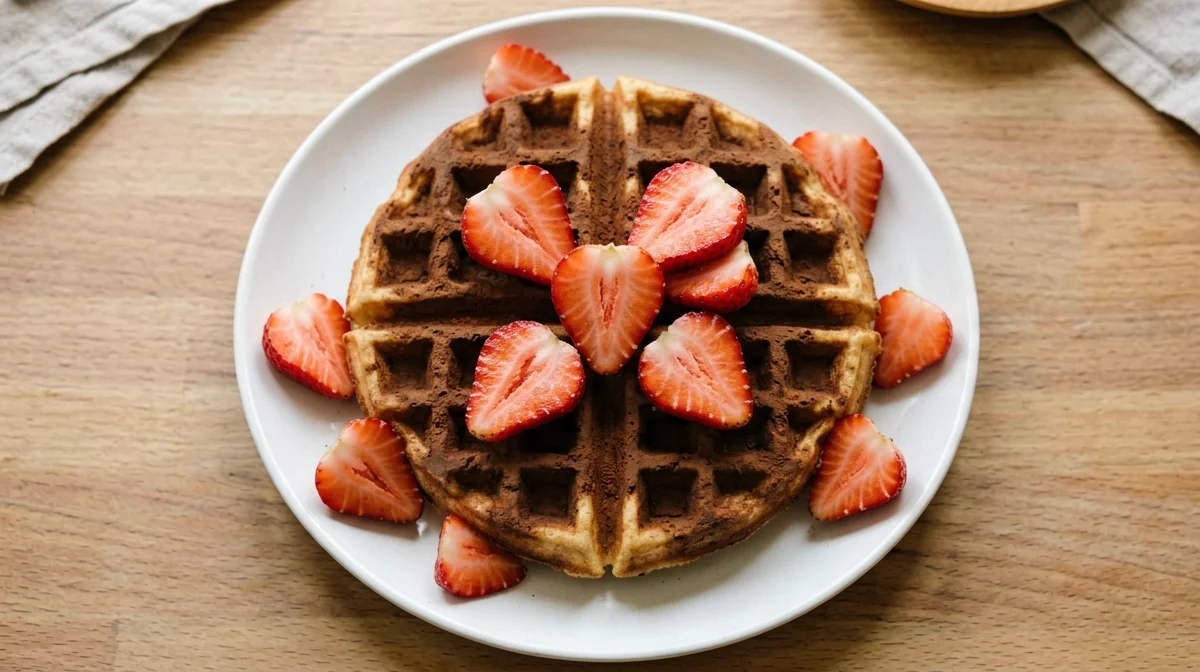 Vegan cocoa waffles with strawberries