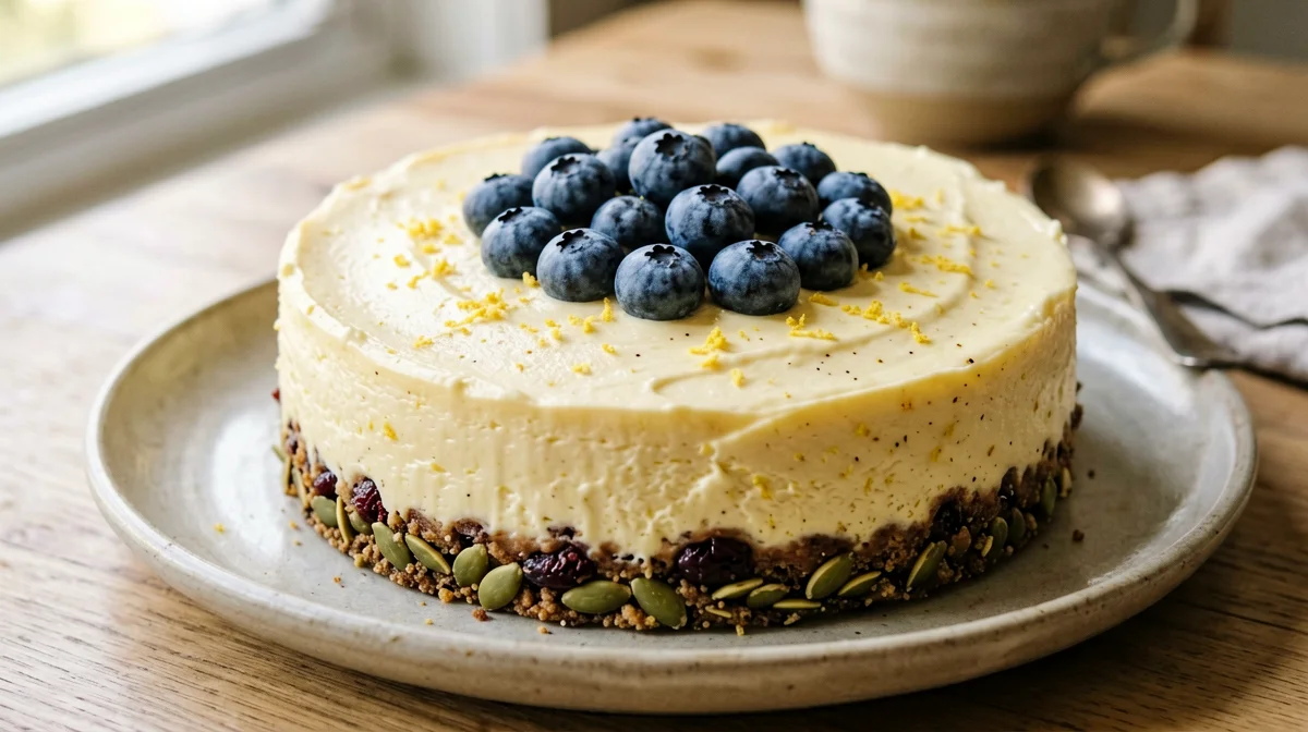 Cheesecake crudo di lupini al limone con mirtilli