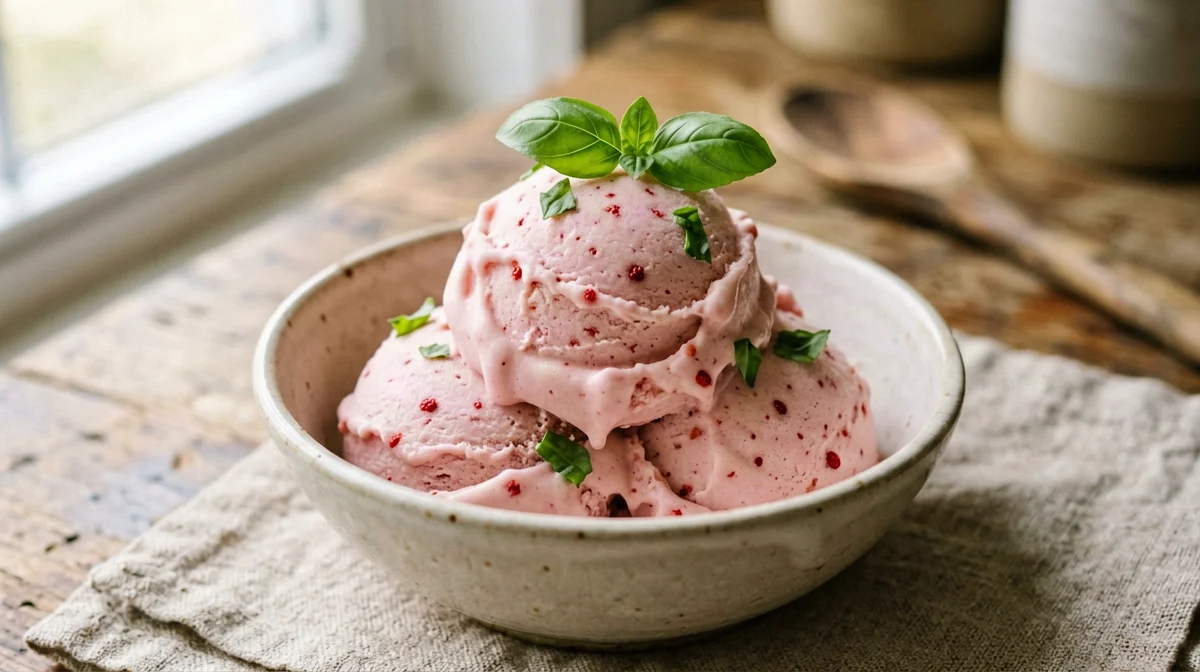 Gelato di tofu setoso alle fragole e basilico