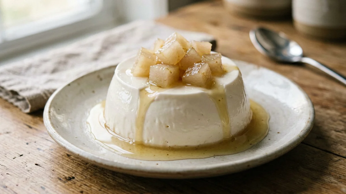 Ginger quark panna cotta with poached pear