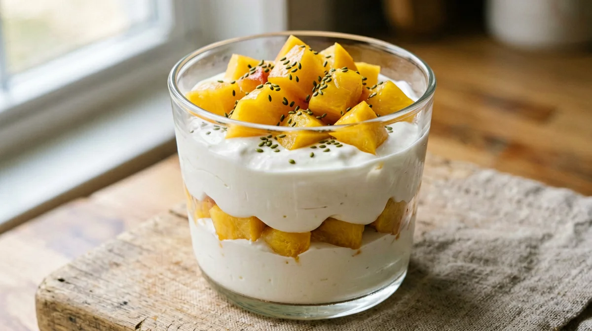 Soy yogurt parfait with peaches and hemp