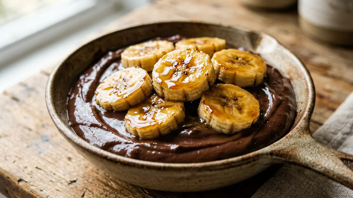 Chocolate tofu cream with caramelised banana