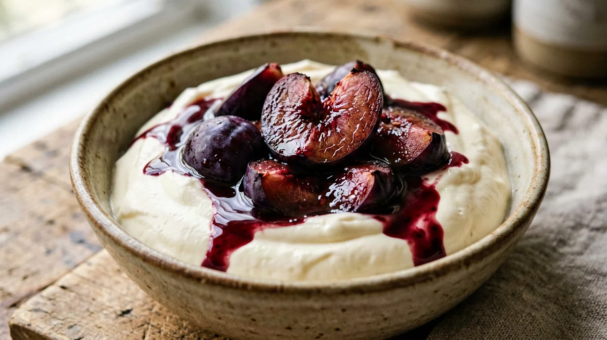 Crema di tofu alla vaniglia con prugne al vino rosso