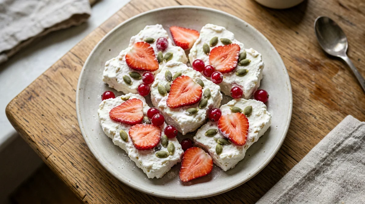 Greek yogurt bark with strawberries and redcurrants