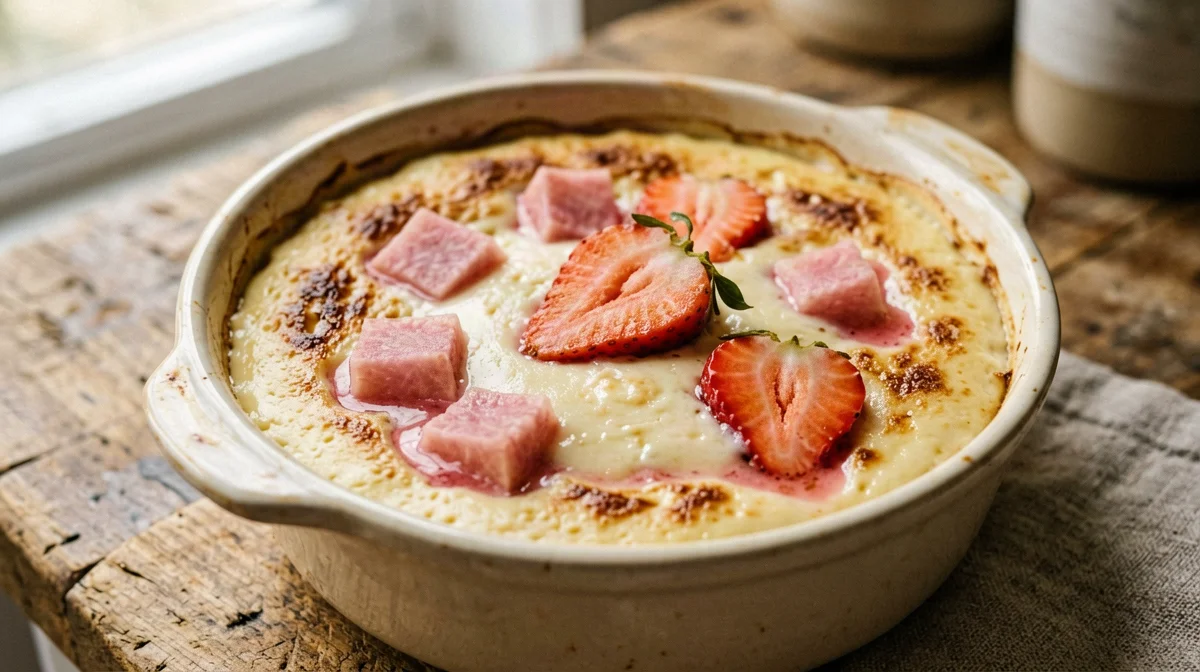 Clafoutis proteico di rabarbaro e fragole al quark