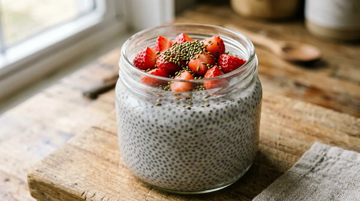 Chia pudding alla bevanda di riso con fragole e semi di canapa