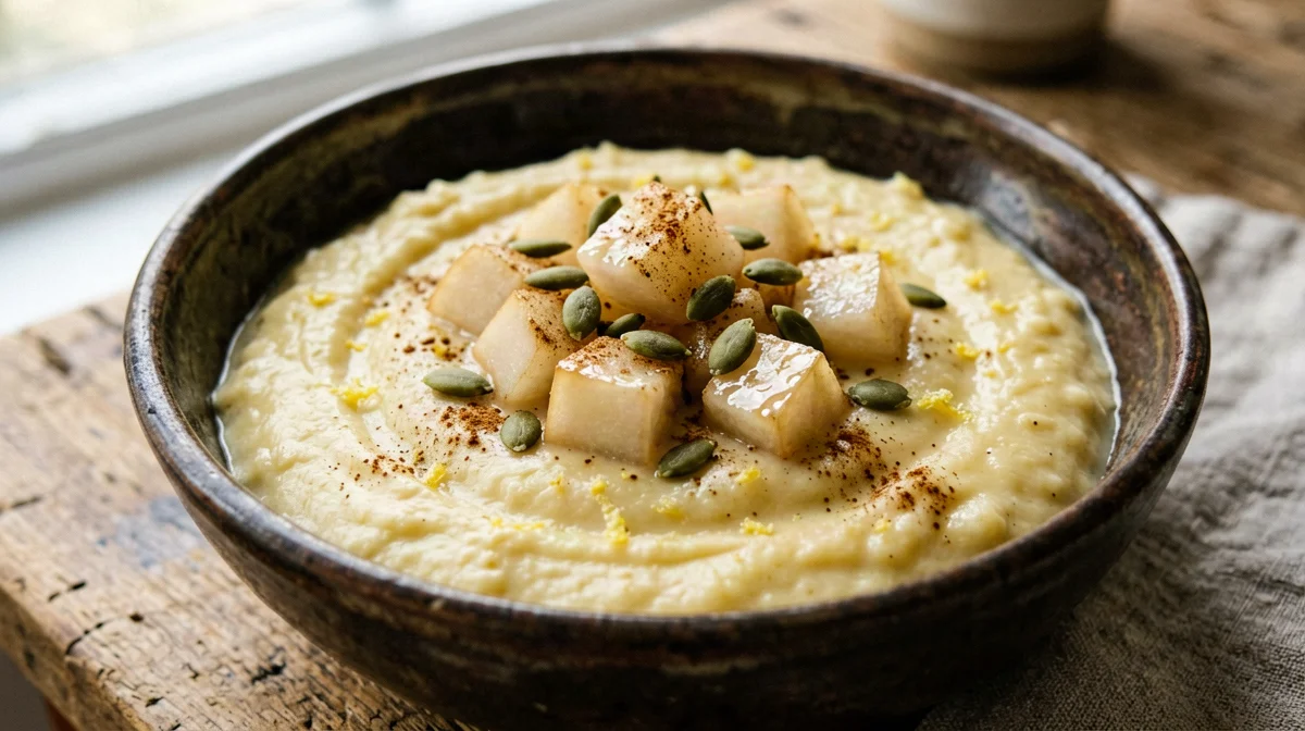 Polenta dolce alla bevanda di riso con pere e semi di zucca