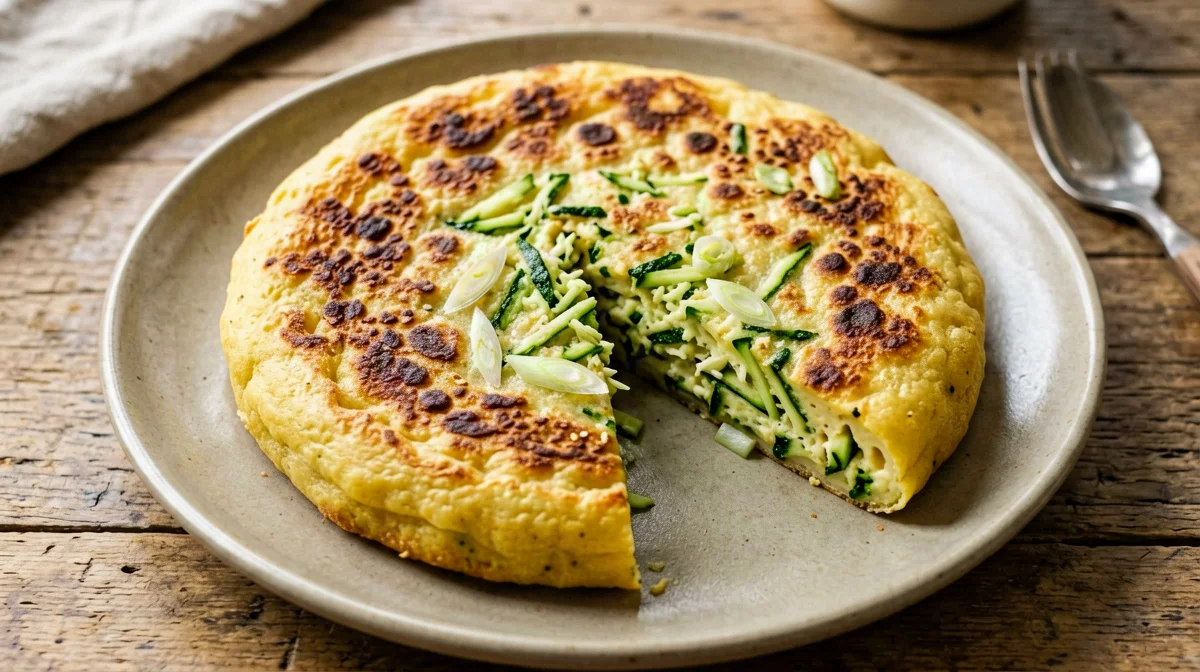 Chickpea flour frittata with zucchini and spring onion