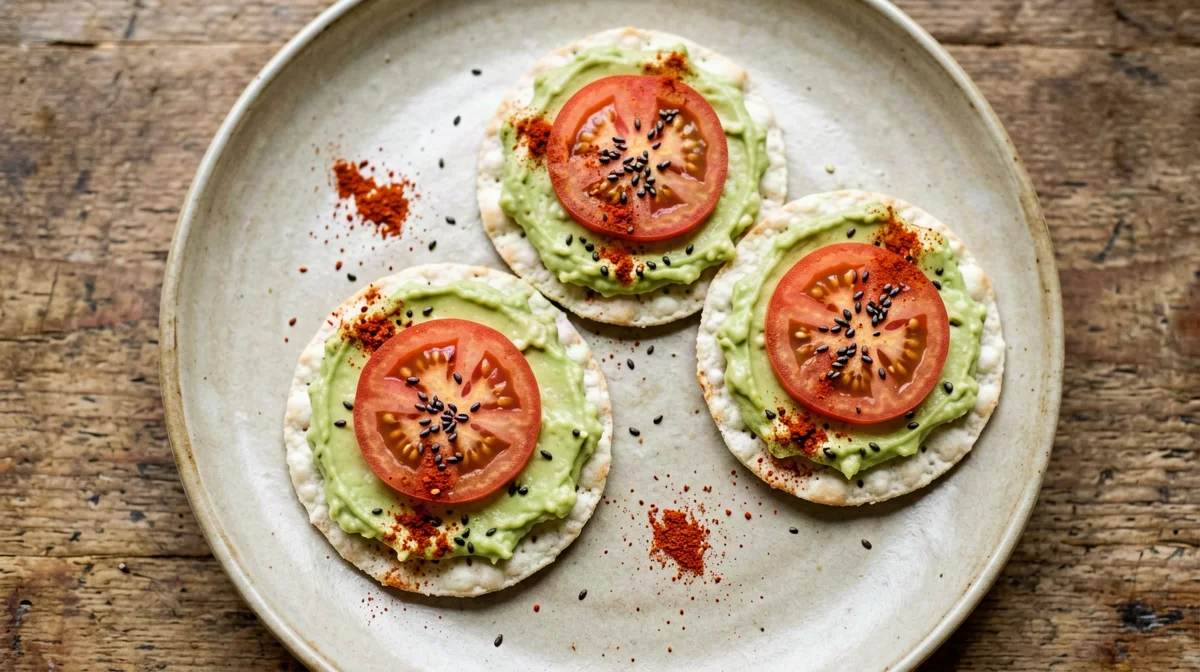 Gallette di riso con avocado, pomodoro e semi di canapa