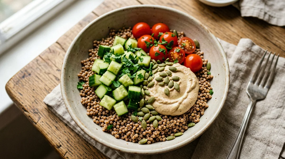 Bowl salata di grano saraceno con hummus, cetriolo e semi di zucca
