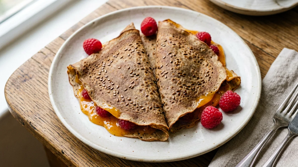 Teff crêpes with apricot jam and raspberries