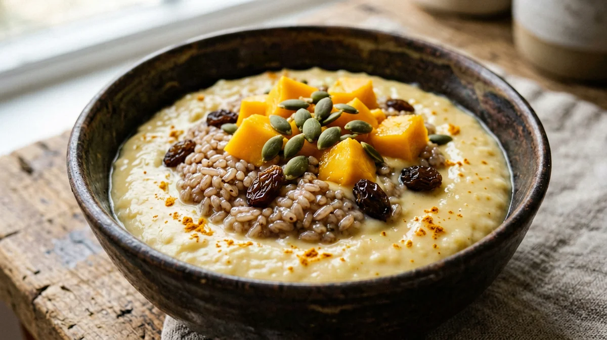 Cardamom brown rice kheer with mango
