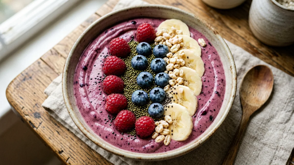Berry smoothie bowl with puffed rice and hemp