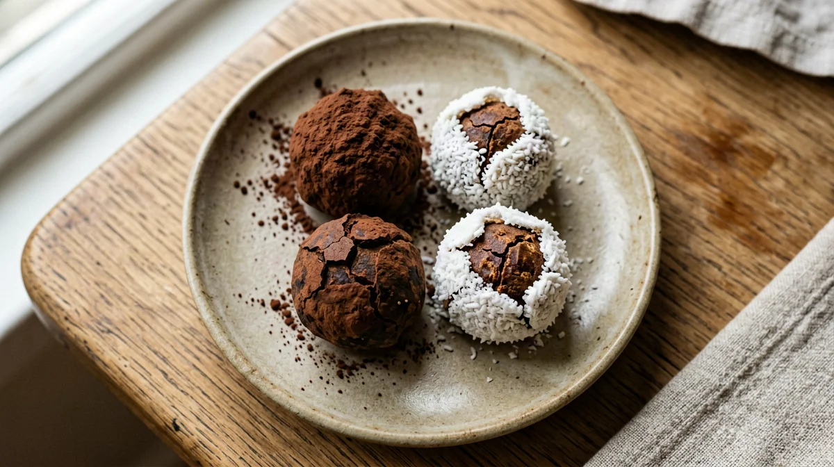 Tartufini di datteri, cacao e semi di canapa