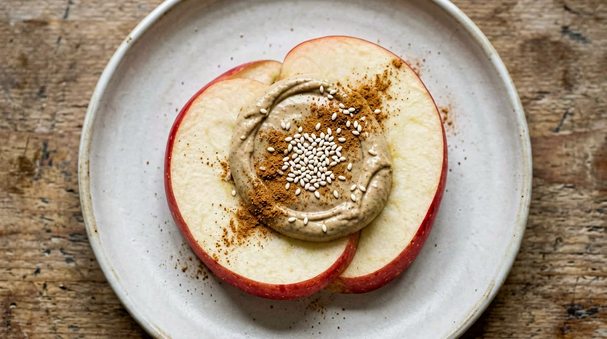 Apple wedges with tahini, cinnamon and sesame