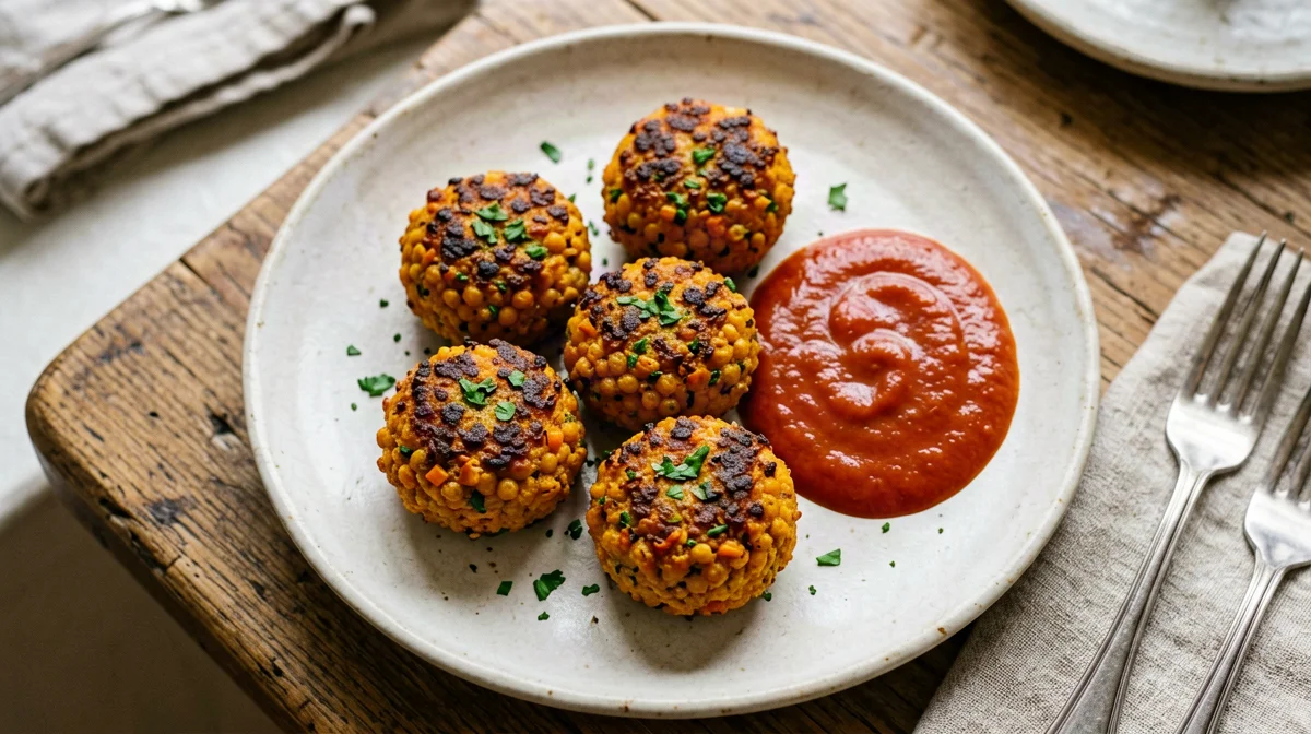Baked red lentil bites with tomato sauce