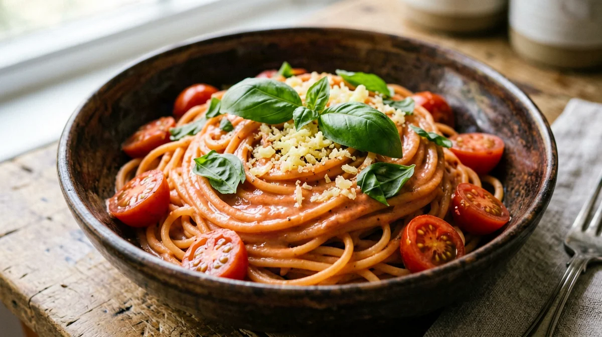Red lentil pasta with cherry tomatoes, basil and nutritional yeast