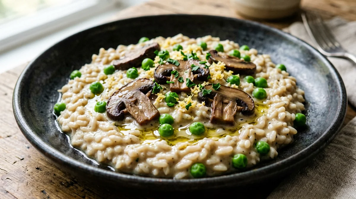 Porcini and pea risotto with nutritional yeast